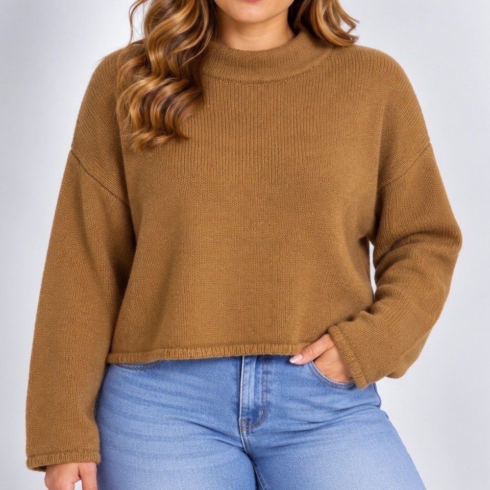 Anne Klein Wool Blend Sweater Medium Camel Mock Neck Wide Sleeve Boxy Pullover